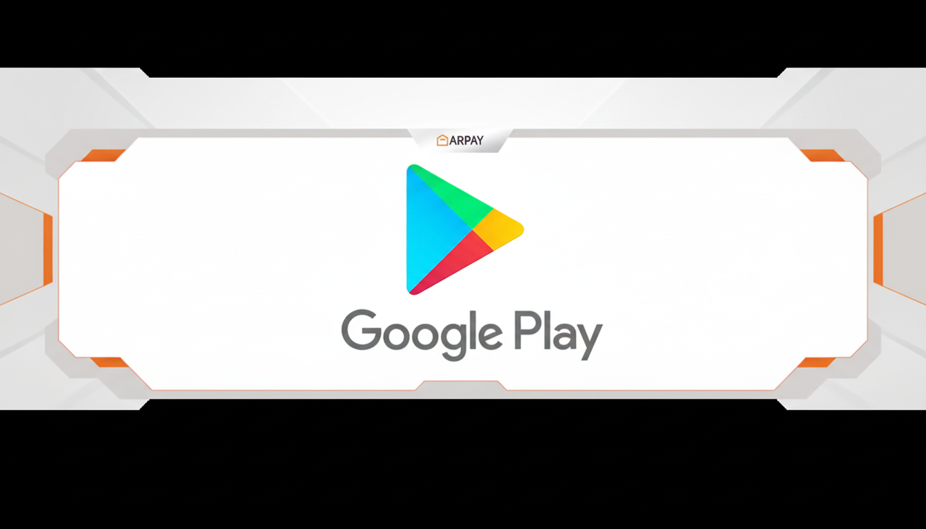 The Google Play logo and text Google Play centered on a white background with an orange and gray border, set against a dark gray background.