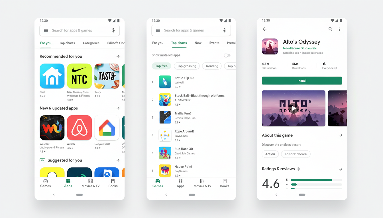 A professional, enhanced image of three mobile phone screens displaying the Google Play Store interface. The screens show Recommended for you, Top charts, and the Altos Odyssey app page.