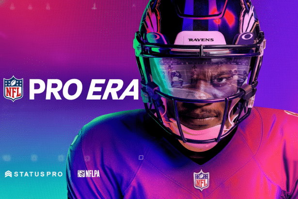An NFL player in a Baltimore Ravens helmet and jersey, with the NFL PRO ERA logo and Status PRO and NFLPA branding , against a vibrant purple and pink gradient background. Filename : nfl proera player1 69. png