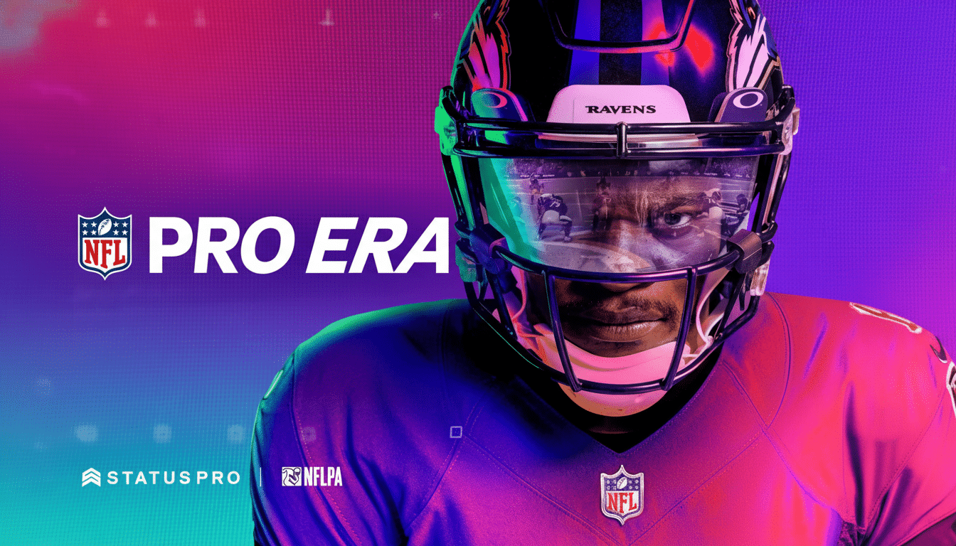 An NFL player in a Baltimore Ravens helmet and jersey, with the NFL PRO ERA logo and Status PRO and NFLPA branding , against a vibrant purple and pink gradient background. Filename : nfl proera player1 69. png