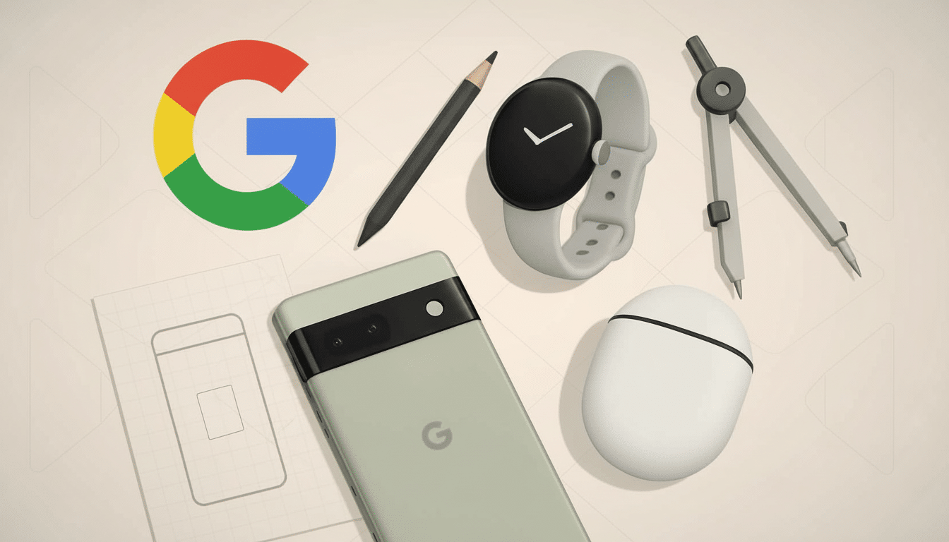 A professional flat design image showcasing various Google products including a Pixel phone, Pixel Watch, Pixel Buds , and the Google logo, alongside a pencil and a compass, all arranged on a light background with subtle line patterns. Filename : googleproducts flat design.png