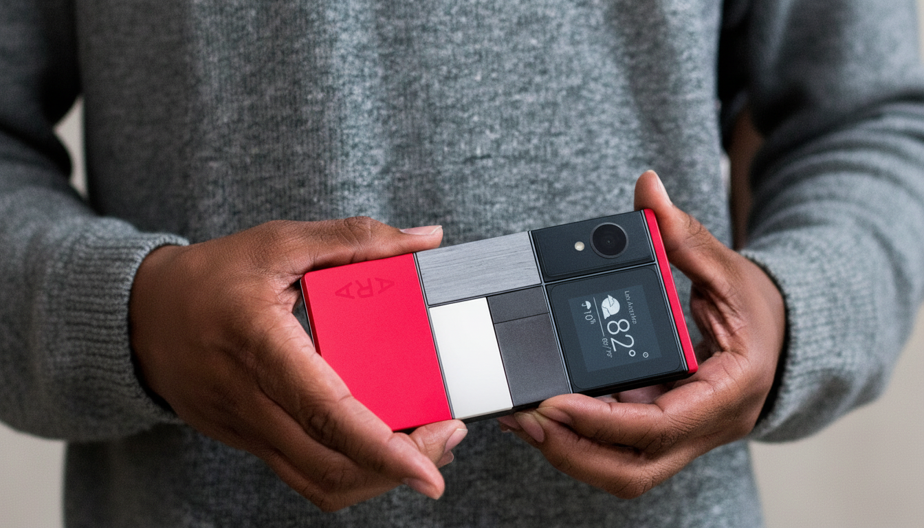 A person holding a modular smartphone with red, gray, and black blocks, displaying weather information on its screen.