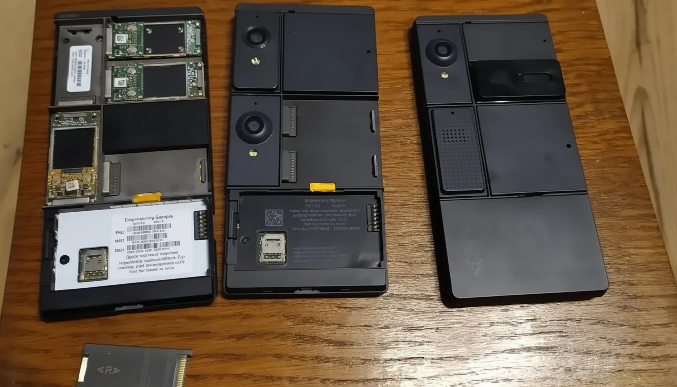 Three modular phone prototypes in various stages of assembly, laid out on a wooden surface.