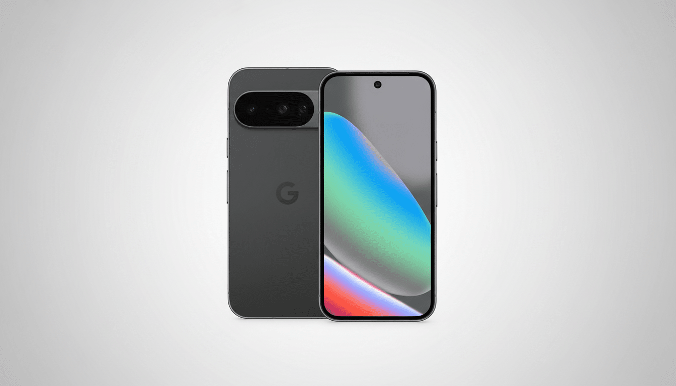 A 16:9 aspect ratio image of a dark gray smartphone , front and back views , with a colorful abstract wallpaper on the screen and the Google logo on the back. The background is a professional flat gray gradient .