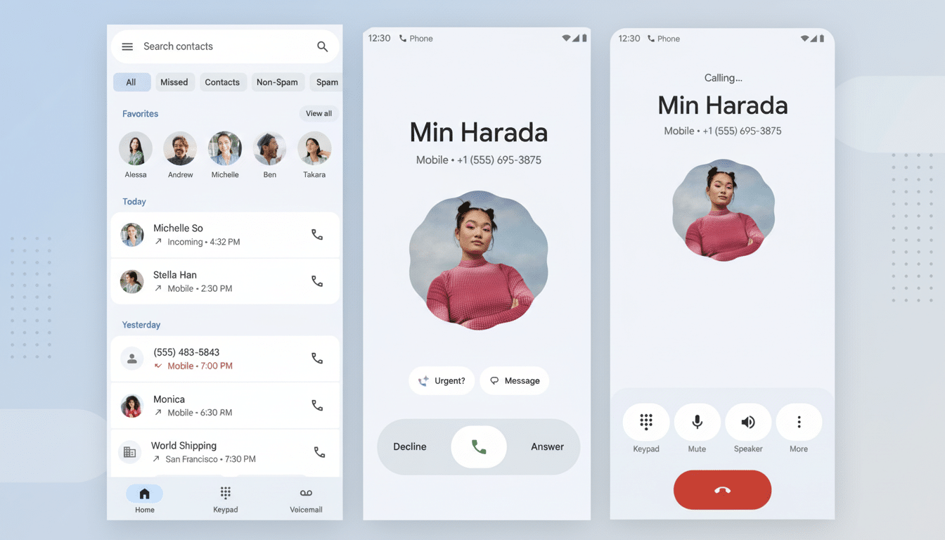 A 16: 9 aspect ratio image showing three mobile phone screens from a Google contacts and phone app. The first screen displays a contact list with rece