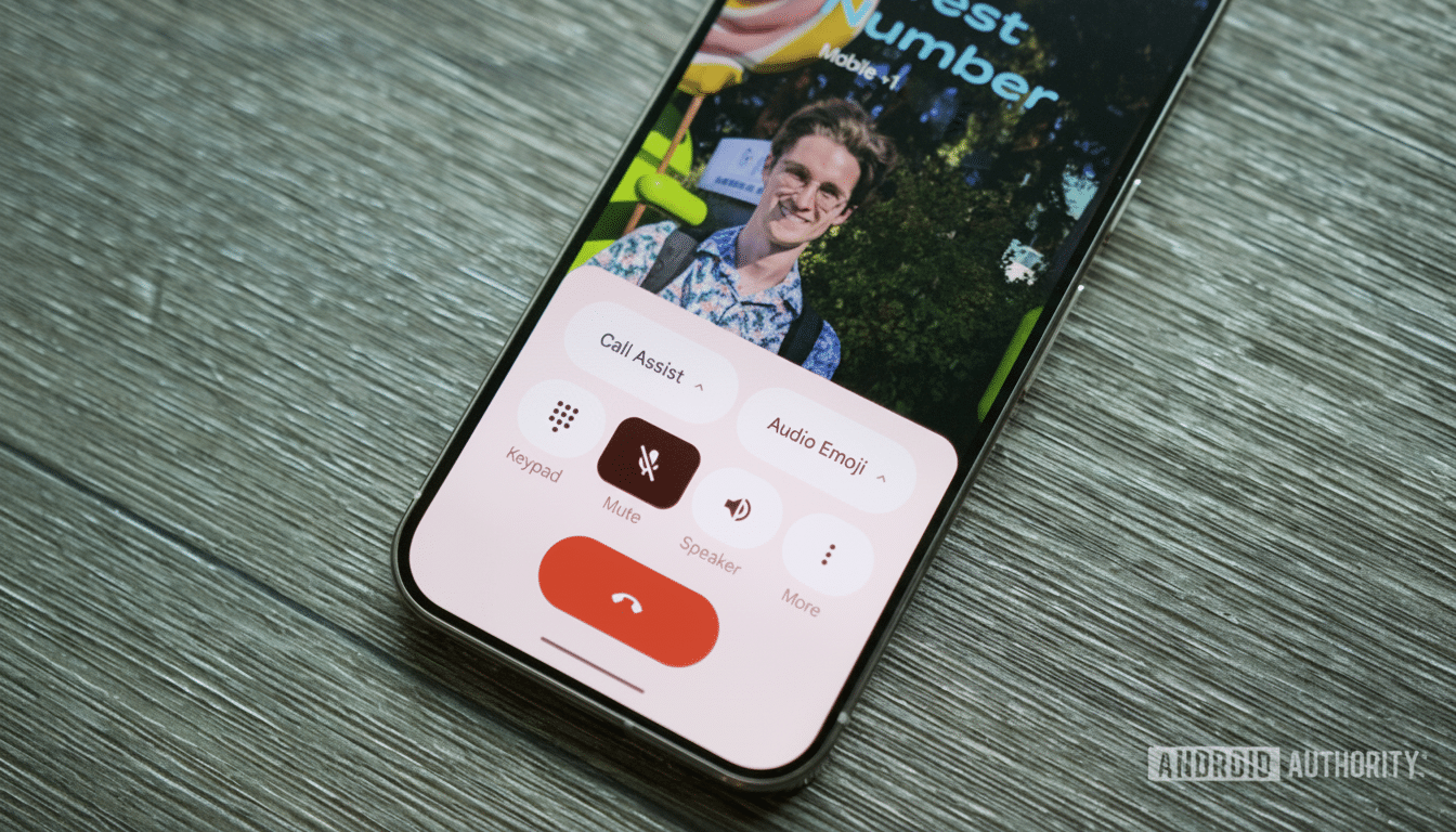 A smartphone displaying a call screen with options for call assist, audio emoji, keypad, mute, speaker, and more, showing a contact s profile picture