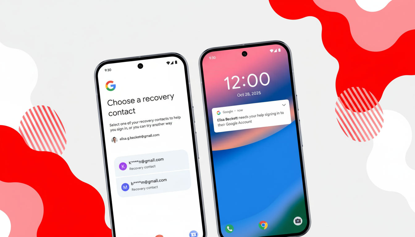 Two smartphones displaying Google recovery and notification screens. The left phone shows  Choose a recovery contact  with two masked email addresses listed . The right phone shows the time 12 :00 and a notification  Elisa Beckett needs your help signing in to their Google Account . The background is a white surface with abstract red shapes and patterns .
