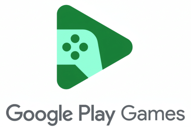 The Google Play Games logo , featuring a green play button icon with a light blue game controller graphic inside, above the text Google Play Games in dark grey, presented on a clean white background.