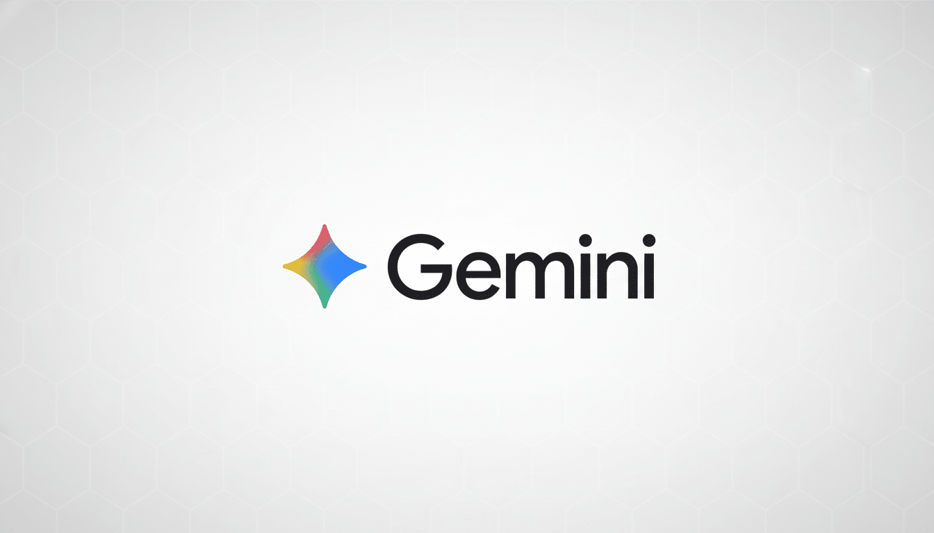 The Gemini logo, featuring a colorful four-pointed star icon in red, yellow, green, and blue , next to the word Gemini in black text , on a light gray background with a subtle hexagonal pattern.