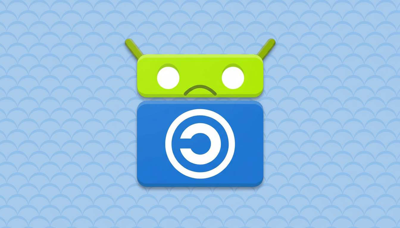 A green Android robot head with a sad expression is placed above a blue rectangle containing a white copyright symbol, all set against a light blue background with a subtle scale pattern.