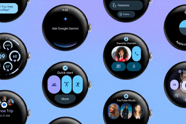 Multiple Google Pixel Watch faces displaying various app interfaces, notifications, and user profiles.