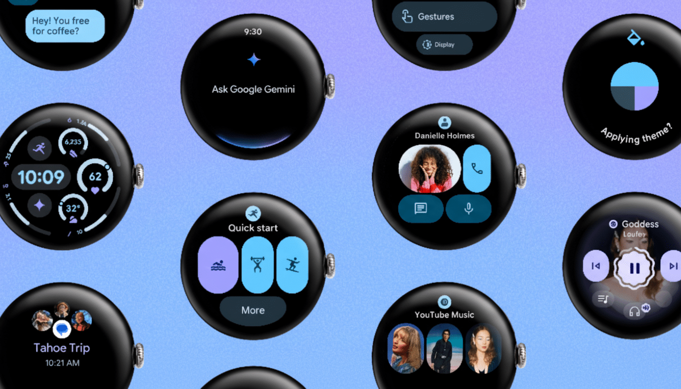 Multiple Google Pixel Watch faces displaying various app interfaces, notifications, and user profiles.