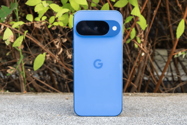 A blue Google Pixel smartphone with its back facing the camera, resting on a concrete surface with green foliage and brown branches in the background.