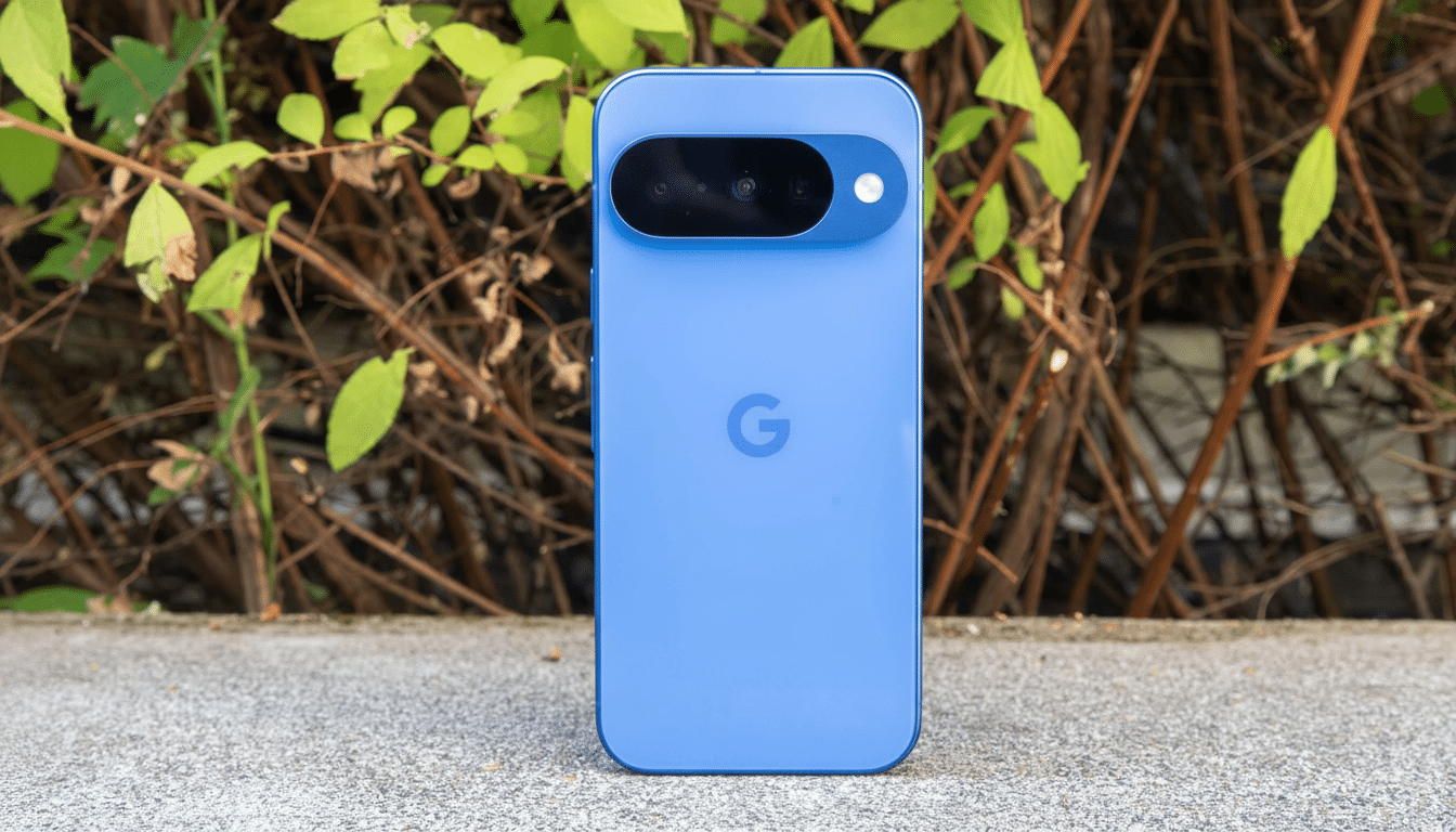 A blue Google Pixel smartphone with its back facing the camera, resting on a concrete surface with green foliage and brown branches in the background.