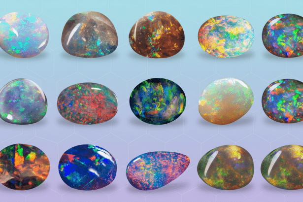 A professional display of various opals with diverse colors and iridescence , presented on a soft , light blue and purple gradient background with subtle geometric patterns.