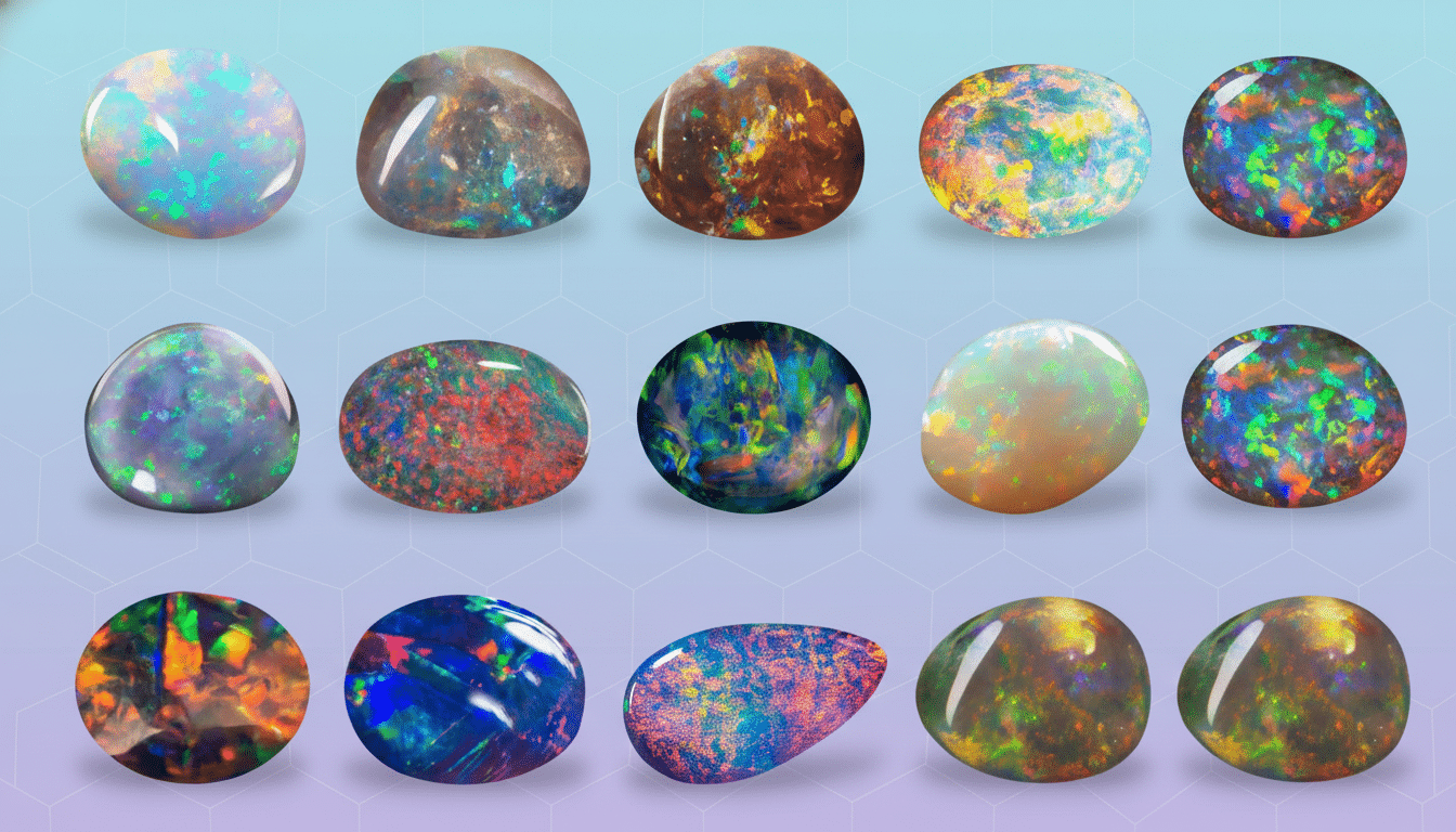 A professional display of various opals with diverse colors and iridescence , presented on a soft , light blue and purple gradient background with subtle geometric patterns.