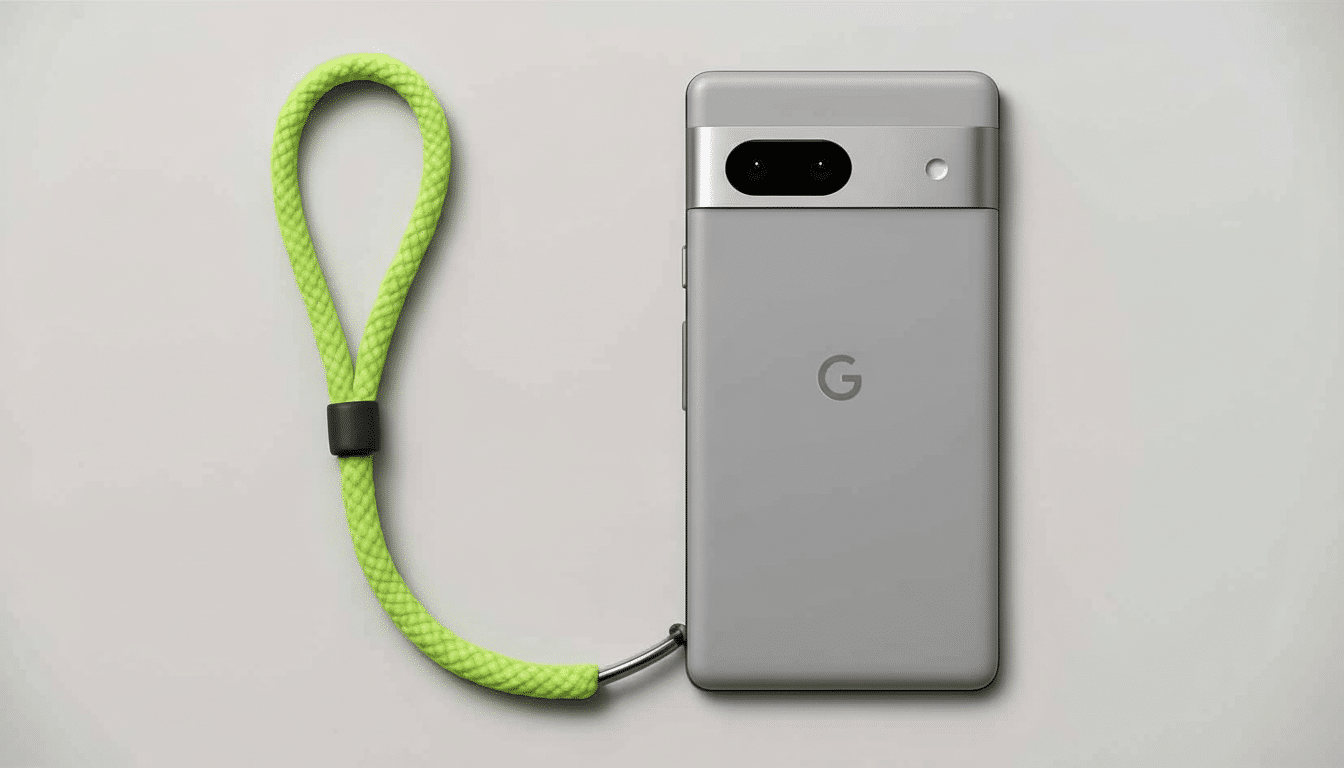 A gray Google Pixel 7 smartphone with a bright neon green wrist strap attached, presented on a light gray background at a 16 :9 aspect ratio .