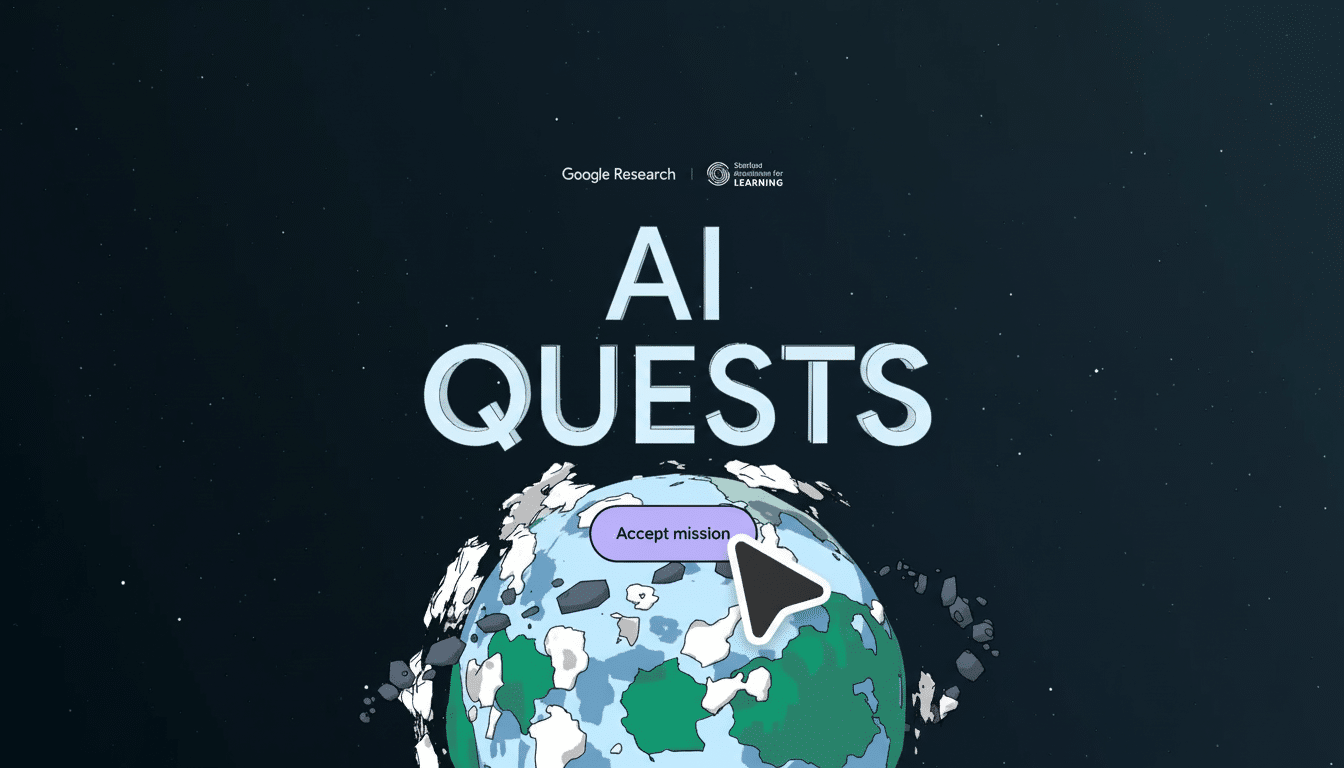 The AI Quests logo is shown with Google Research and Stanford Graduate School of Education logos above, and an Accept mission button over an illustrat
