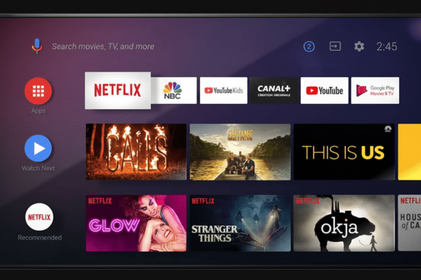 A smart TV interface displaying various streaming app icons and movie/show thumbnails, including Netflix, YouTube, NBC , Canal +, and Google Play .