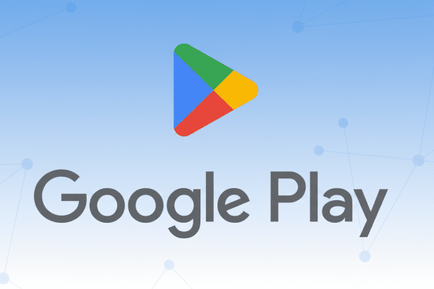 The Google Play logo with the text Google Play below it, set against a light blue gradient background with a subtle network pattern.