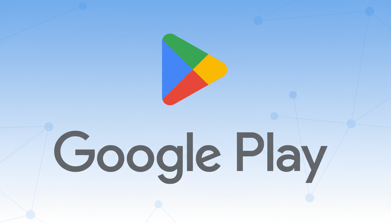 The Google Play logo with the text Google Play below it, set against a light blue gradient background with a subtle network pattern.