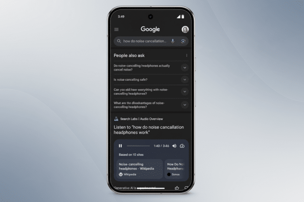 A dark mode Google search results page on a smartphone , displaying information about how do noise cancellation headphones work, with a new professional soft pattern background at a 16 :9 aspect ratio .