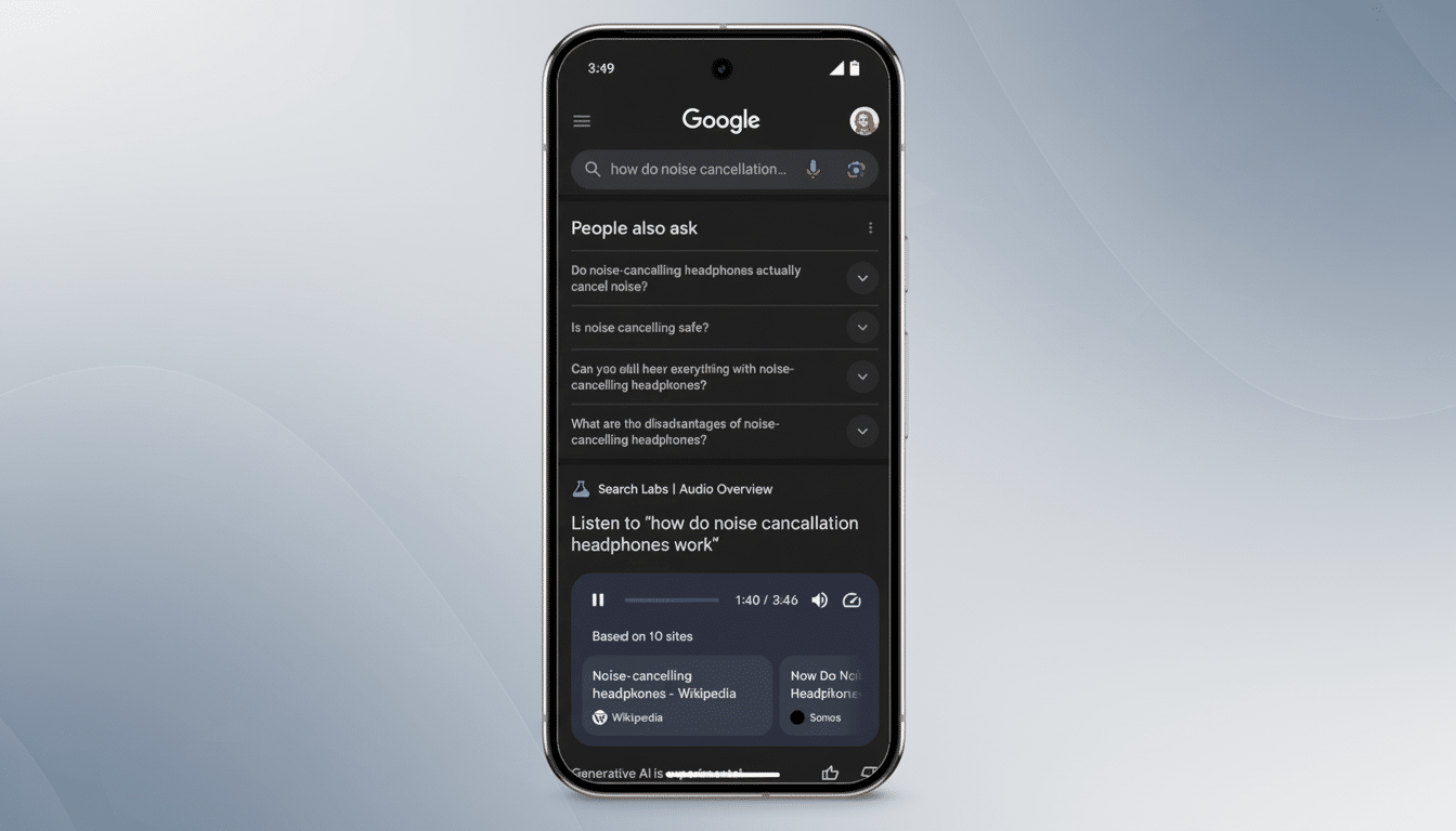 A dark mode Google search results page on a smartphone , displaying information about how do noise cancellation headphones work, with a new professional soft pattern background at a 16 :9 aspect ratio .