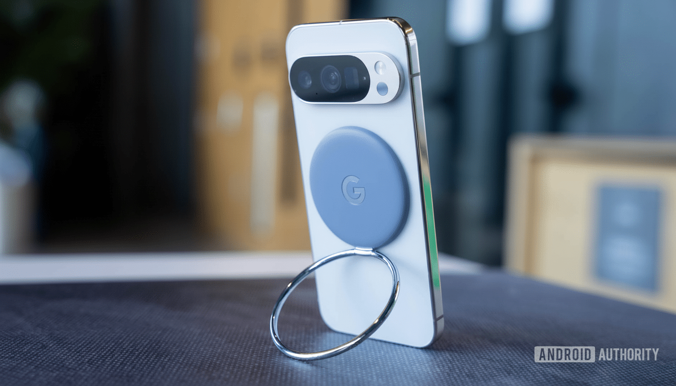 A white smartphone with a circular blue Google- branded accessory and a silver ring stand attached to its back, presented in a 16: 9 aspect ratio.
