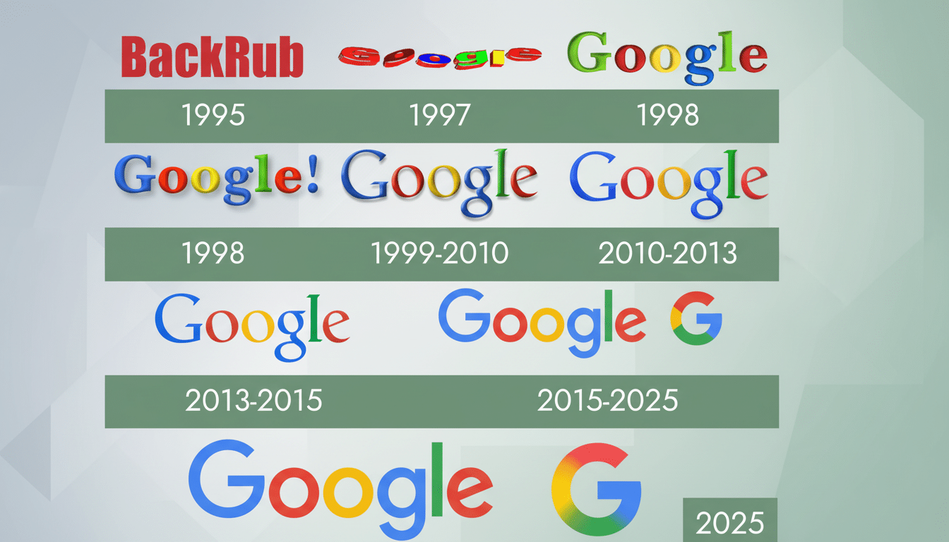 Evolution of Google logos from BackRub in 199 5 to Google G in 2 025, presented on a light green background with subtle geometric patterns.