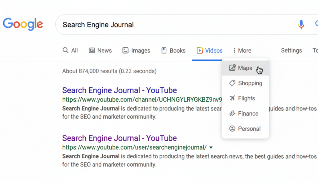 Screenshot of a Google search results page for Search Engine Journal, with the Videos tab selected and a dropdown menu showing options like Maps, Shopping, Flights, Finance, and Personal, with Maps highlighted.
