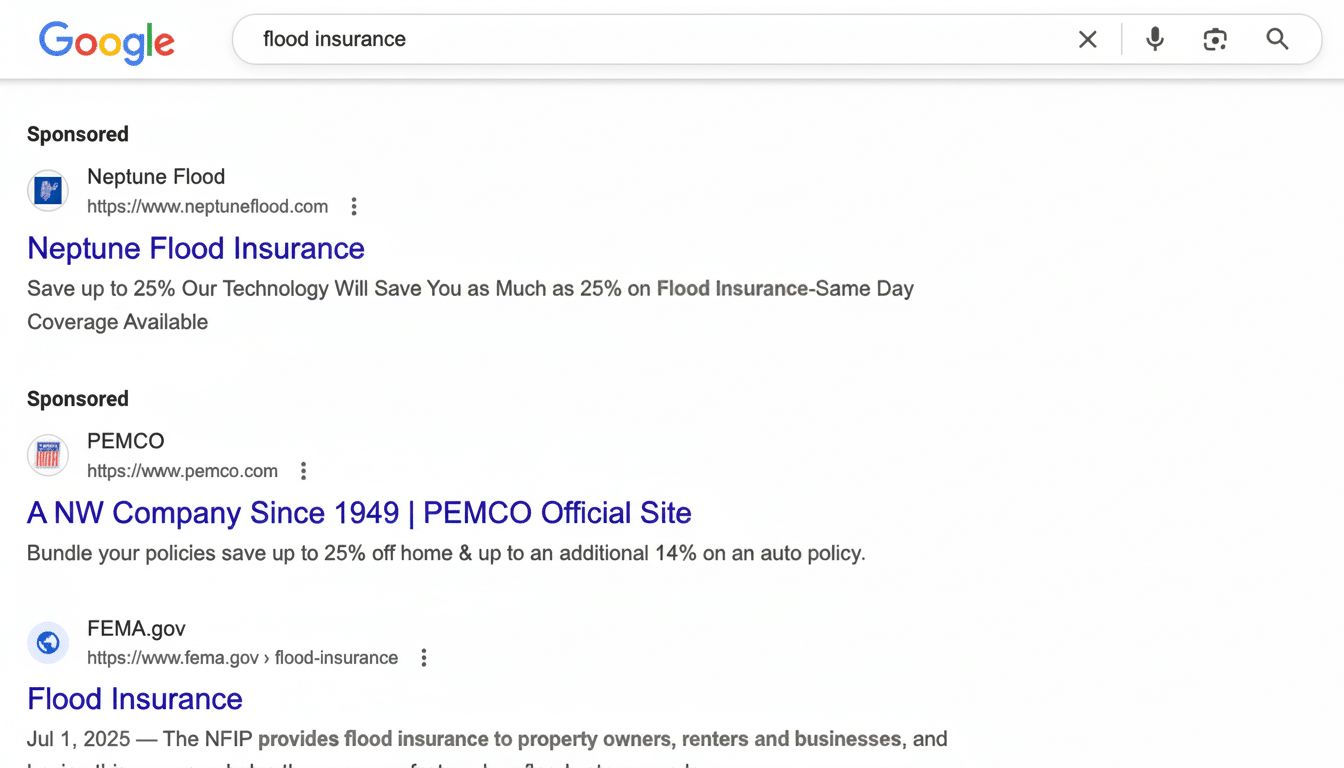 Screenshot of Google search results for flood insurance, showing sponsored ads from Neptune Flood and PEMCO, followed by an organic result from FEMA.gov .