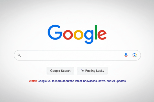 The Google search homepage with its colorful logo, search bar, and Google Search and I m Feeling Lucky buttons, along with a link to Google I/O update
