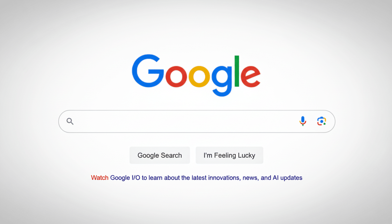 The Google search homepage with its colorful logo, search bar, and Google Search and I m Feeling Lucky buttons, along with a link to Google I/O update