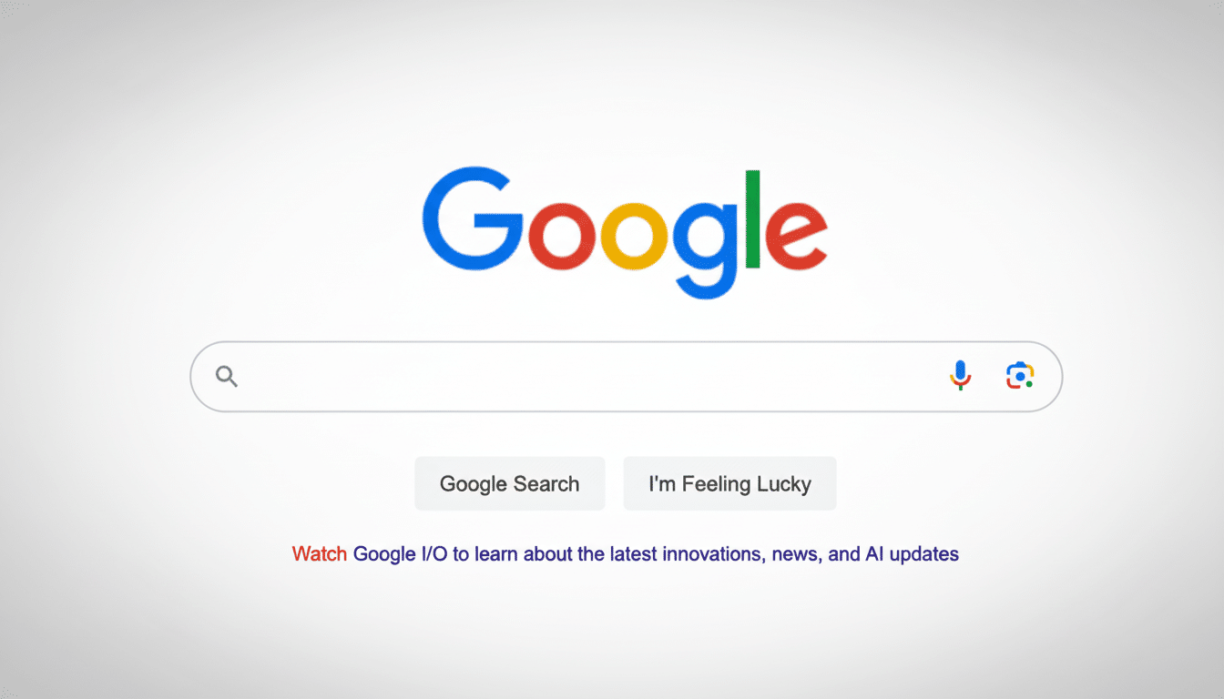 Google search homepage with a prominent search bar and logo, text at the bottom says Watch Google I /O to learn about the latest innovations, news, an