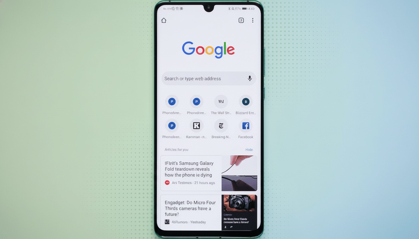 Al text : A smartphone displaying the Google search page and news articles on a soft green and blue