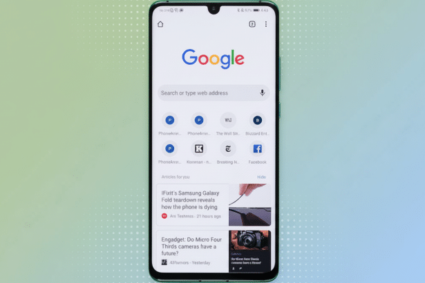A smartphone displaying the Google search page on a background with a subtle blue and green gradient.