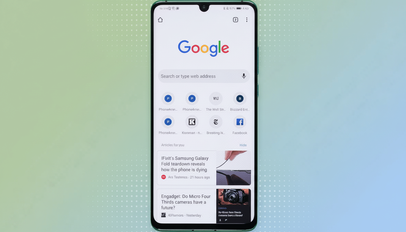 A smartphone displaying the Google search page on a background with a subtle blue and green gradient.