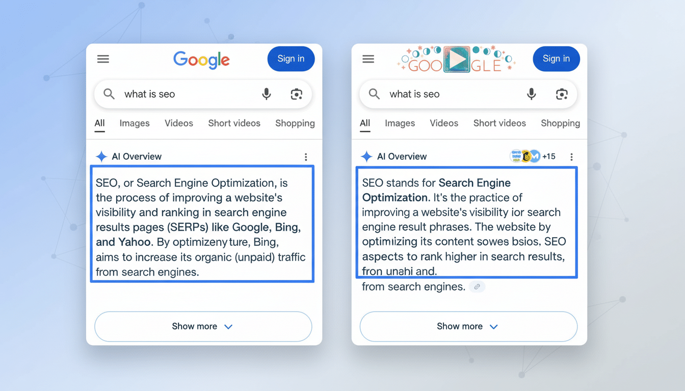 A professional , enhanced image showing two Google search results for what is seo side -by-side on a clean , light blue background with subtle geometric patterns . The left result provides a detailed definition , while the right offers a more concise explanation .
