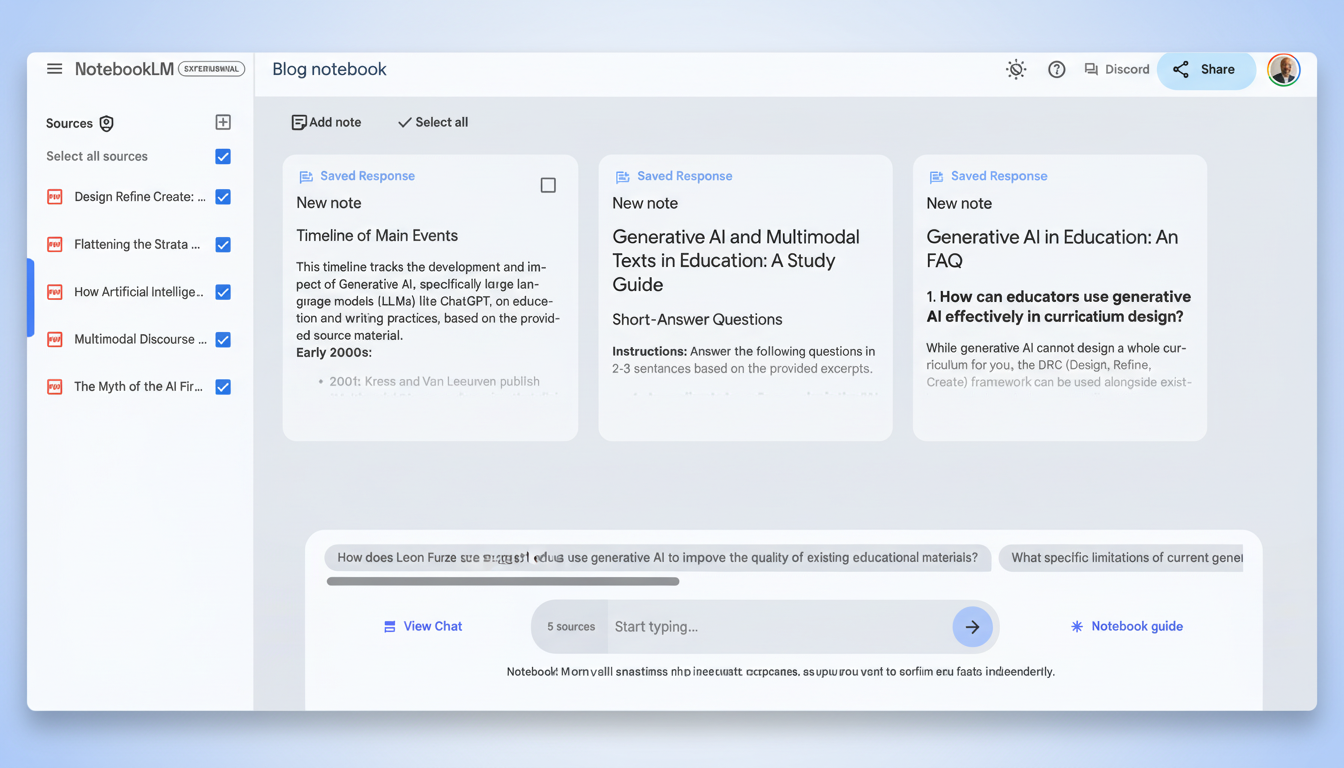 A screenshot of the NotebookLM interface, showing a Blog notebook with three saved notes related to generative AI and education. The left sidebar lists several sources, and a chat input field is visible at the bottom.