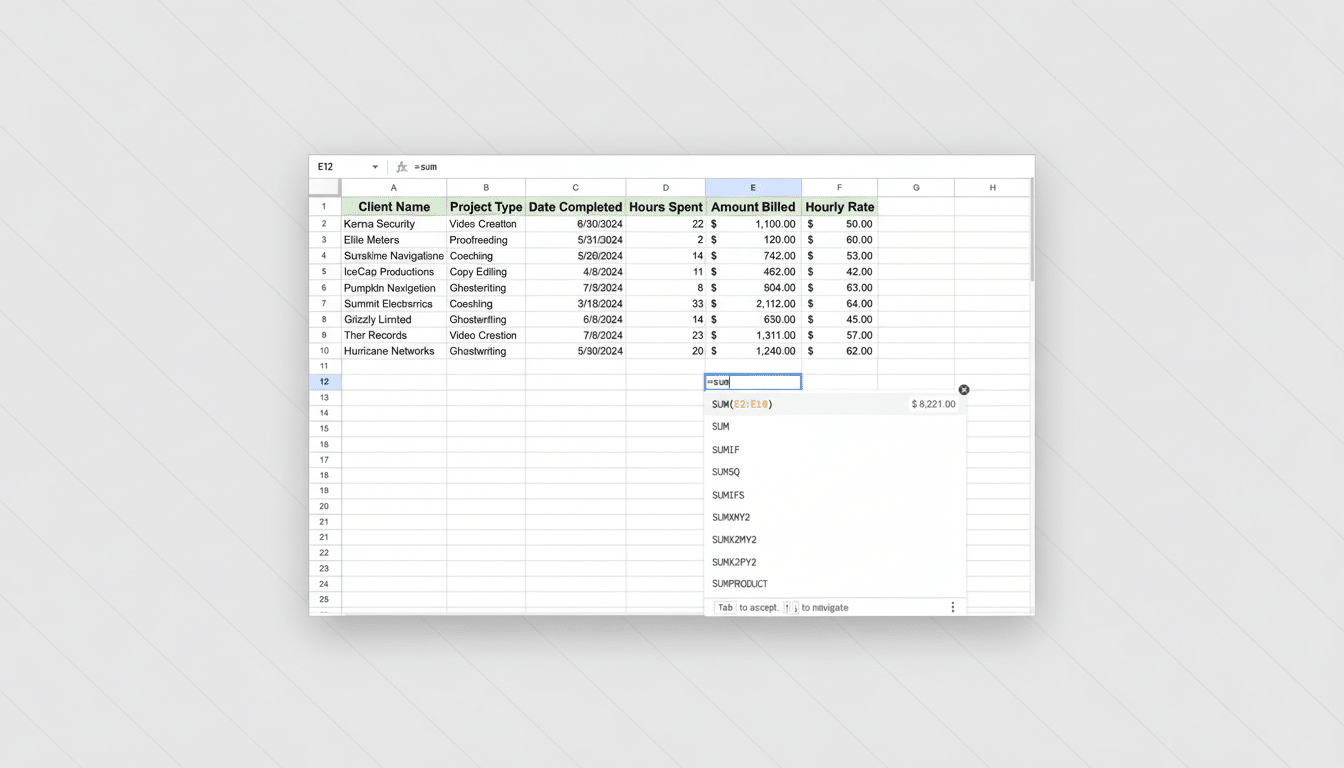 A screenshot of a Google Sheet with financial data, showing a formula being entered to sum a column. Filename : googlesheets sum formula.png