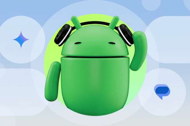 An Android robot wearing headphones, centered against a background of circular and rounded rectangular chat bubbles and abstract shapes , on a soft blue gradient background.