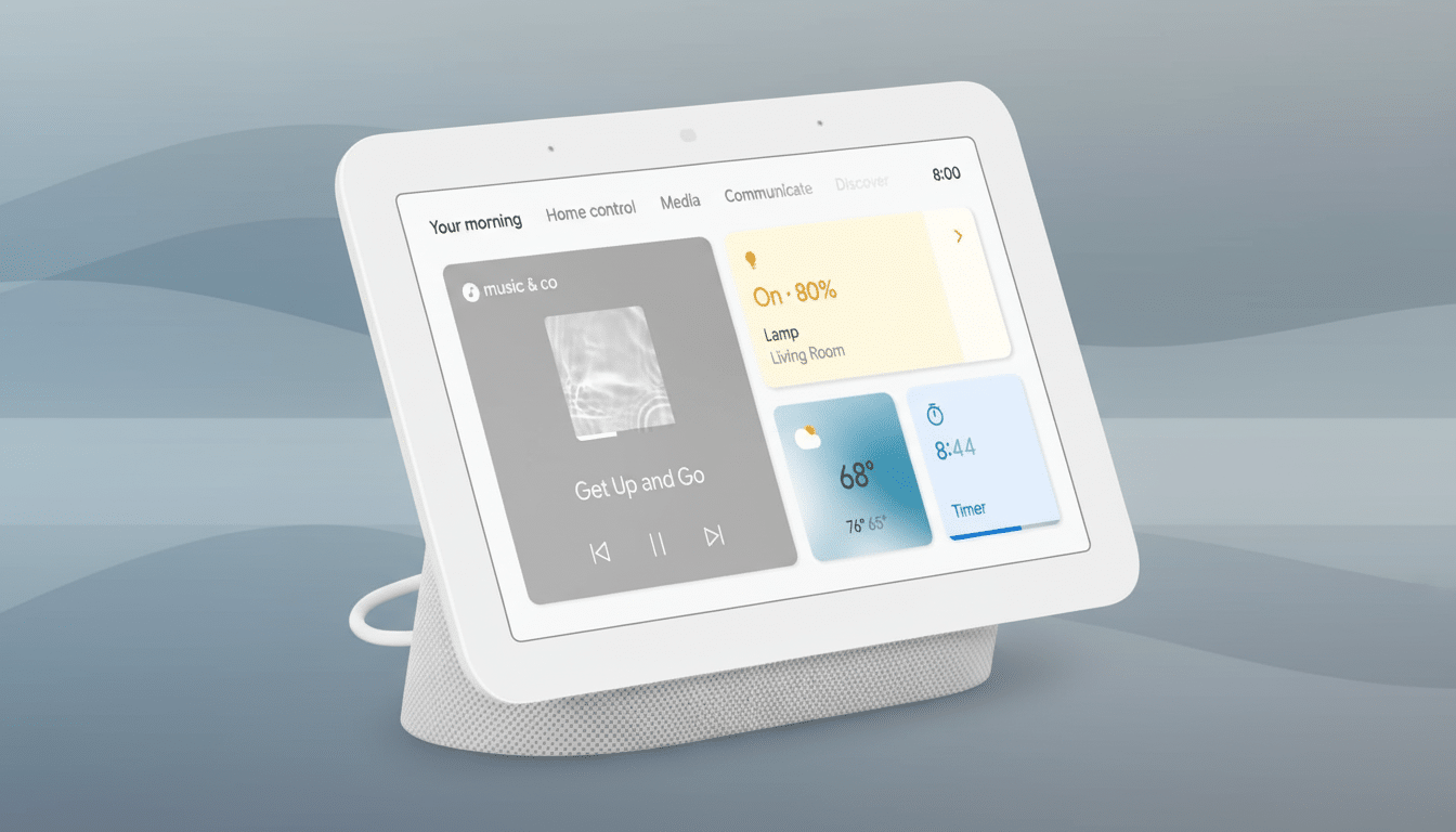 A white smart display device showing various smart home controls and information on its screen, set against a blue - grey background with soft, subtle