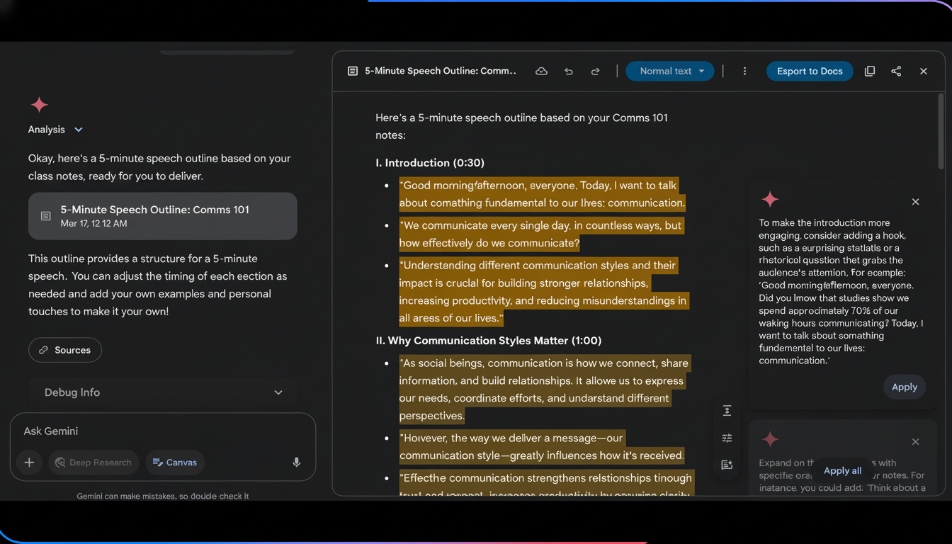A screenshot of a digital interface displaying a 5-minute speech outline. The outline is titled 5-Minute Speech Outline: Comms 101 and includes sections for introduction and communication styles. The interface also shows an Analysis panel, Sources, Debug Info, and an Ask Gemini input field.