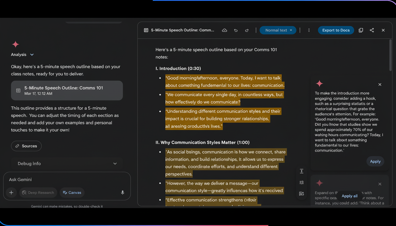 A screenshot of a digital assistant interface displaying a 5-minute speech outline on communication.
