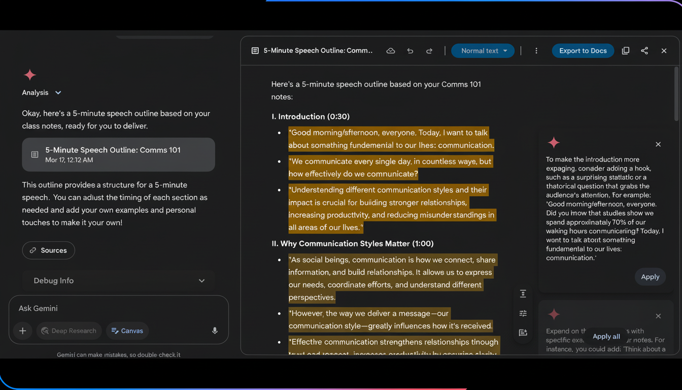 A screenshot of a digital interface displaying a 5-minute speech outline based on Comms 101 notes. The outline is titled 5-Minute Speech Outline: Comms 101 and dated Mar 17, 12:12 AM. The main content area shows the introduction and the beginning of the second section of the speech. On the left, theres an Analysis section with the speech outline title and date, and a Sources button. Below that, a Debug Info section is collapsed, and an Ask Gemini input field is visible with Deep Research and Canvas buttons. On the right, a sidebar provides suggestions for enhancing the introduction.