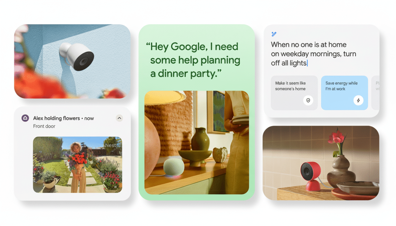 Various Google smart home devices and interfaces are displayed, including a security camera, a Google Assistant interaction, a child with flowers from