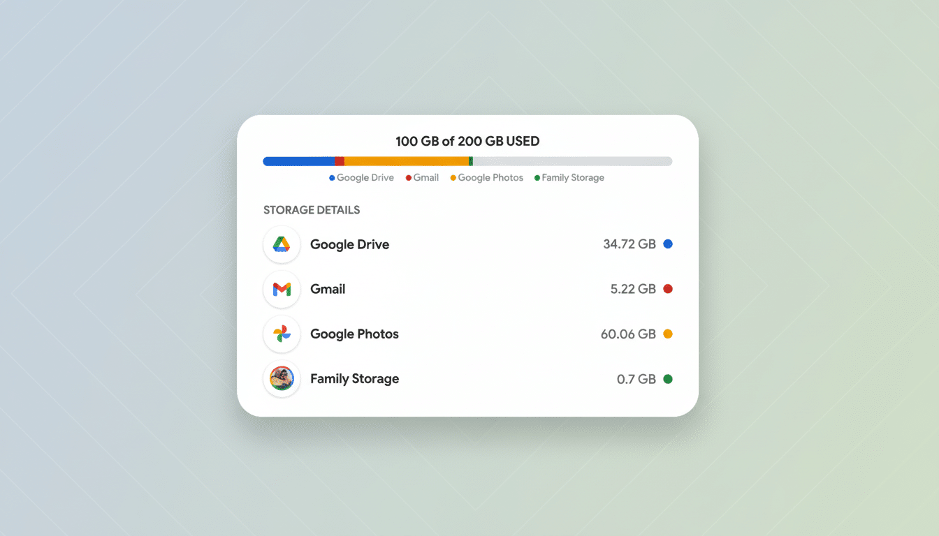 A white card showing Google storage usage, with 10 0 GB of 200 GB used, detailed by Google Drive, Gmail, Google Photos, and Family Storage, set agains