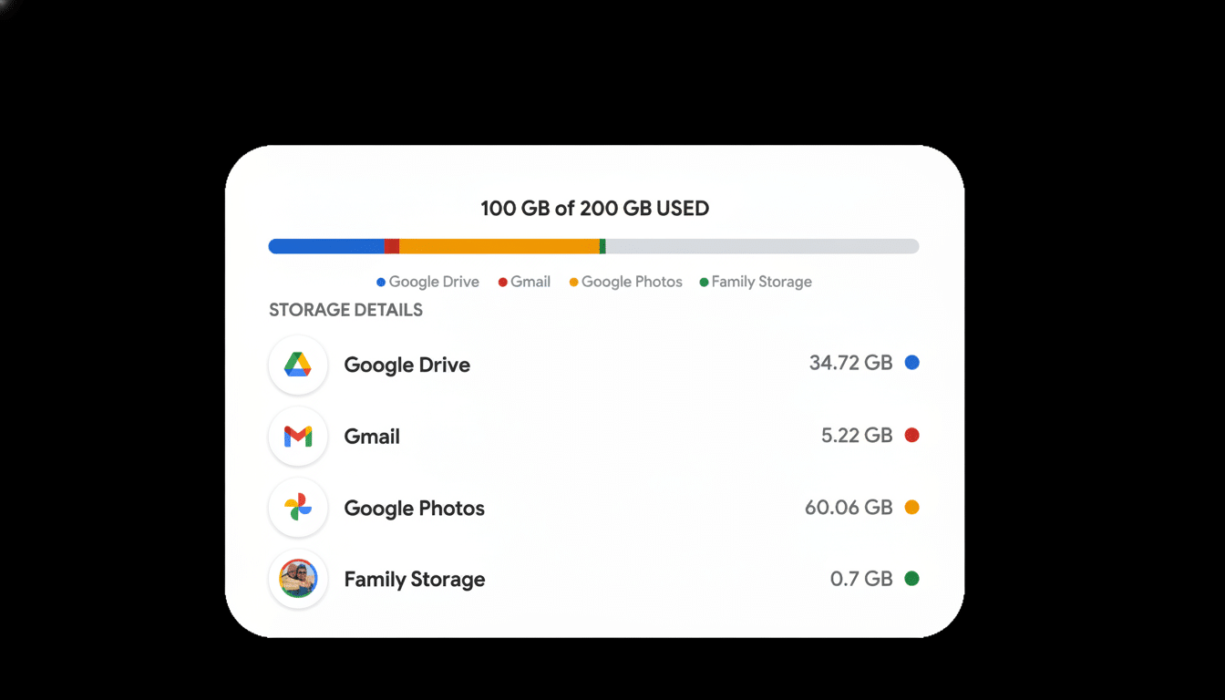 A Google storage usage interface showing 10 0 GB of 200 GB used, with detailed breakdowns for Google Drive, Gmail , Google Photos, and Family Storage.