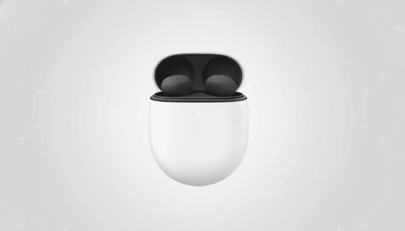 alt  text: White Google Pixel Buds in an open case with dark gray earbuds visible , set against a l