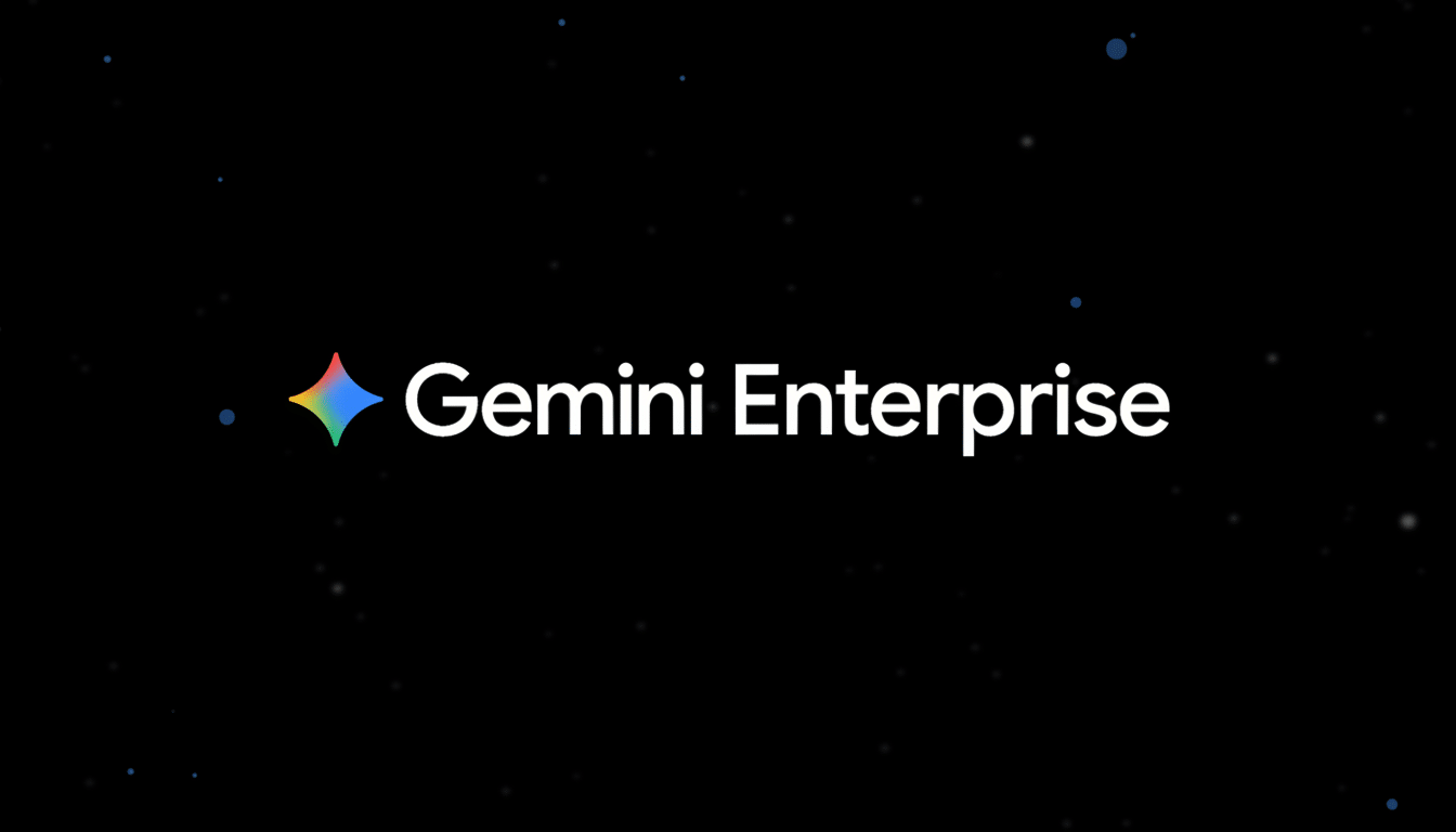 The Gemini Enterprise logo featuring a colorful star icon and the text Gemini Enterprise in white, on a dark background with subtle blue speck les. The image has been resized to a 1 6:9 aspect ratio. Filename : gemini enterpriselogo 169 . png